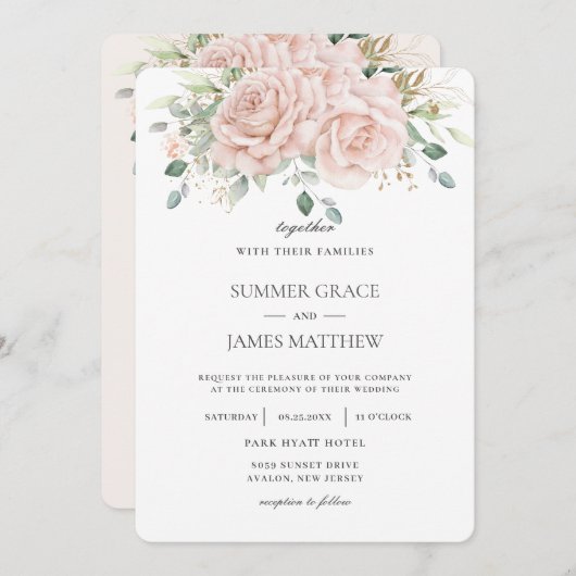 Elegante Rosa Rosen Blumengrün Hochzeit Einladung (Vorne/Hinten)