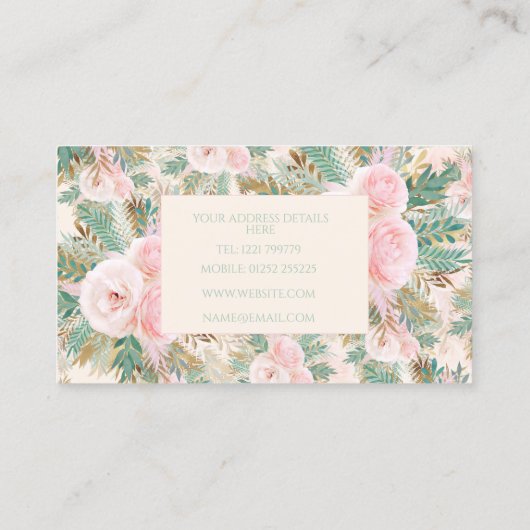 Elegante Rosa Rosen Blütenminze Goldene Blätter Visitenkarte (Rückseite)