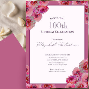 Elegante rosa Rosen Damen 100. Geburtstag  Einladung