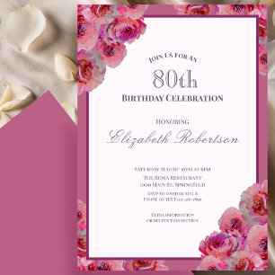 Elegante rosa Rosen Damen 80. Geburtstag Einladung