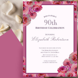Elegante rosa Rosen Damen 90. Geburtstag Einladung