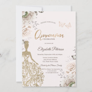Elegante rosa Rosen Glitter Girl Quinceañera Einladung