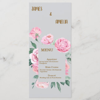 Elegante rosa Rosen & graue Blumenhochzeit Menükarte