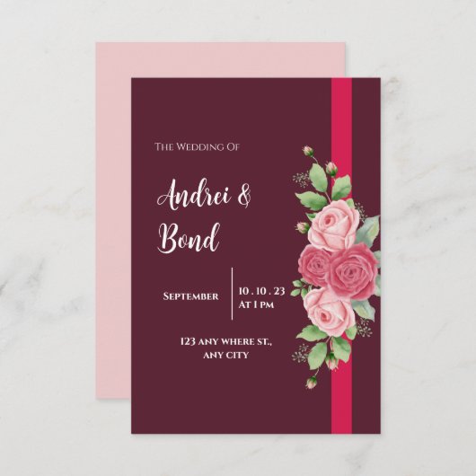 Elegante Rosa-Rosen-Hochzeit Einladung (Vorne/Hinten)