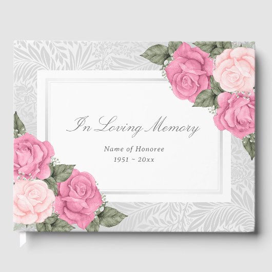 Elegante rosa Rosen in Love Memory Beerdigung Gästebuch (Vorderseite)