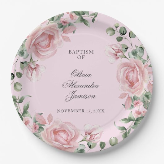 Elegante rosa Rosen Mädchen Taufe Pappteller (Vorderseite)