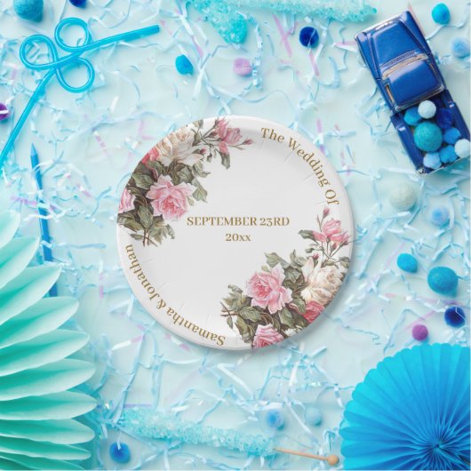 Elegante rosa Rosen mit goldenen Schriftart Papier Pappteller (Party)