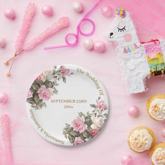 Elegante rosa Rosen mit goldenen Schriftart Papier Pappteller (Party)