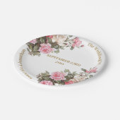 Elegante rosa Rosen mit goldenen Schriftart Papier Pappteller (Schrägansicht)