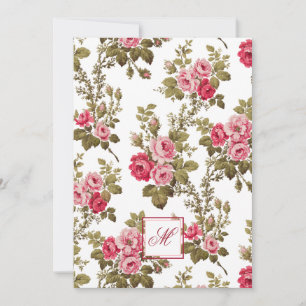 Elegante rosa Rosen mit Monogramm-weißem Hintergru Mitteilungskarte
