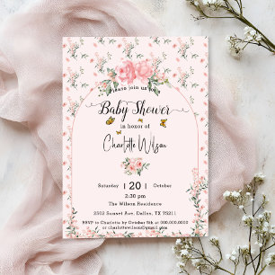 Elegante rosa Rosen mit Schmetterlingen Baby Showe Einladung