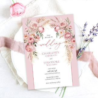 Elegante rosa Rosen Pampasgras Blumen Hochzeit Einladung