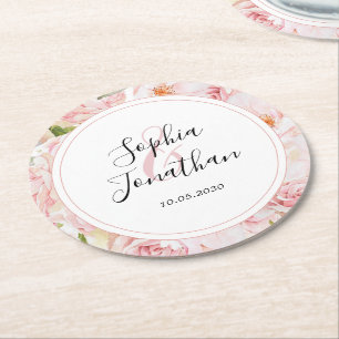 Elegante rosa Rosen personalisierte Hochzeit Runder Pappuntersetzer