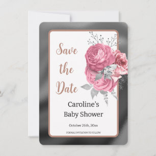 Elegante rosa Rosen Silberfolie Babyparty Save The Date