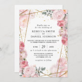 Elegante rosa Rosen und geometrische Hochzeit Einladung (Vorne/Hinten)