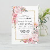 Elegante rosa Rosen und Gold Moderne Hochzeit Einladung (Stehend Vorderseite)