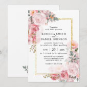 Elegante rosa Rosen und Gold Moderne Hochzeit Einladung (Vorne/Hinten)