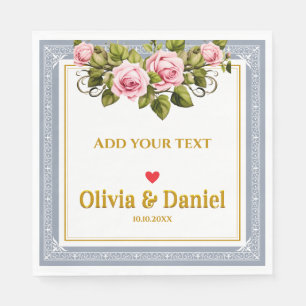 Elegante rosa Rosen und goldene Schrift Hochzeit Serviette