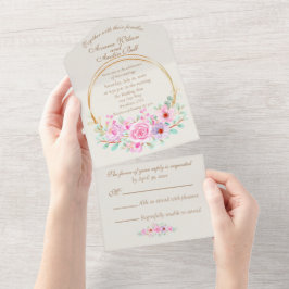 Elegante rosa Rosen und goldener geometrischer Kre All In One Einladung