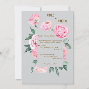 Elegante rosa Rosen und graue Blumenhochzeit Einladung