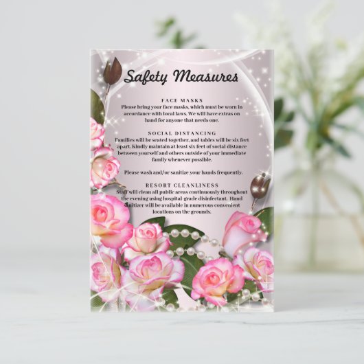 Elegante rosa Rosen und Perlen - Sicherheitsmaßnah Begleitkarte (Stehend Vorderseite)