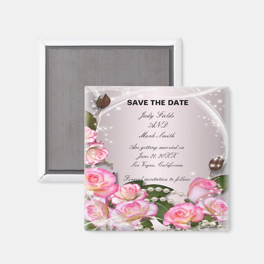 Elegante rosa Rosen und Perlen speichern das Datum Magnet (Vorderseite/Rückseite)