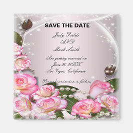 Elegante rosa Rosen und Perlen speichern das Datum Magnet