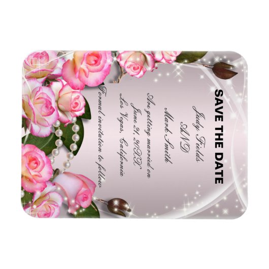 Elegante rosa Rosen und Perlen speichern das Datum Magnet (Horizontal)