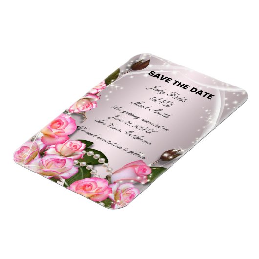 Elegante rosa Rosen und Perlen speichern das Datum Magnet (Linke Seite)