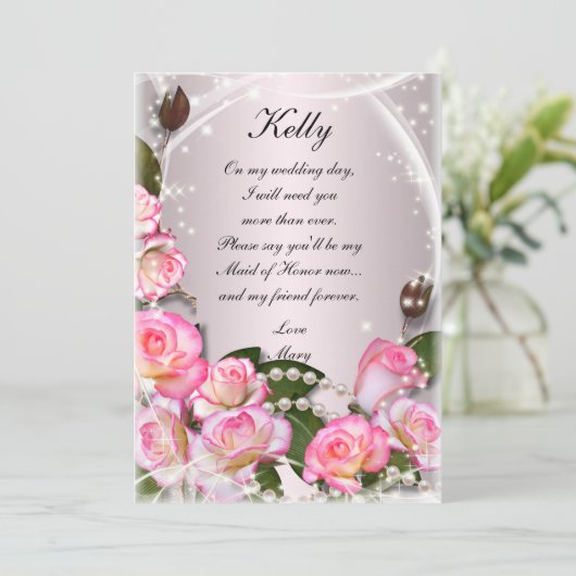 Elegante rosa Rosen und Perlen Trauzeugin Card Einladung (Stehend Vorderseite)