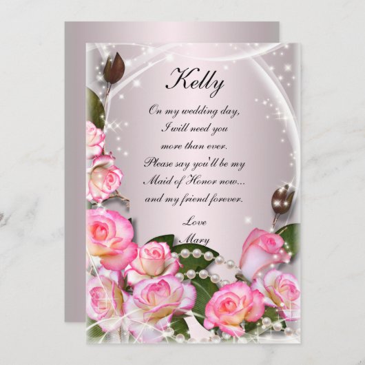 Elegante rosa Rosen und Perlen Trauzeugin Card Einladung (Vorne/Hinten)