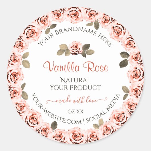 Elegante rosa Rosen weiße Etiketten für die Verpac Runder Aufkleber (Vorderseite)