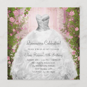 Elegante rosa Rosen Weiße Quinceanera-Einladungen Einladung