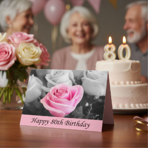Elegante rosa Rosen zum 80. Geburtstag, Florales J Karte