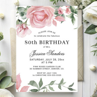 Elegante rosa Rosen zum 80. Geburtstag Party Einladung