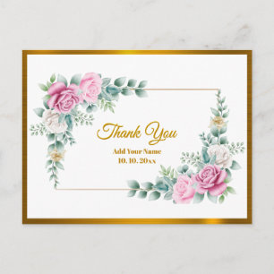 Elegante rosa Rosenblume mit Goldrahmen und Danke Postkarte