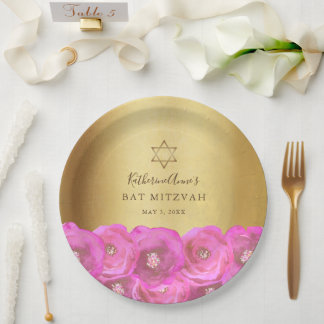 Elegante rosa Rosenblüten-Gold-Bat-Mizwa Pappteller