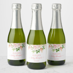 Elegante rosa-rote Blumen Mädchen Baby Shower Mini Schaumweinetikett