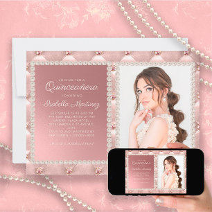 Elegante rosa Satin-Perlen-Juwelen-Foto-Quinceañer Einladung