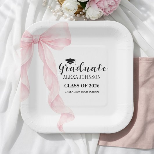 Elegante rosa Schleife Abschlussmütze Absolvent Pappteller