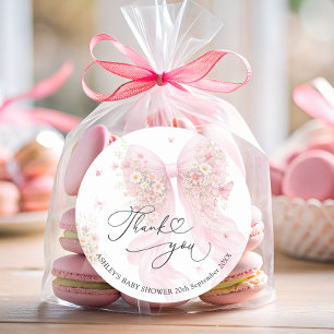 Elegante rosa Schleife Baby Shower Dankeschön Runder Aufkleber
