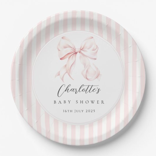 Elegante rosa Schleife Baby Shower Pappteller (Vorderseite)