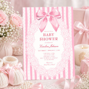 Elegante rosa Schleife Blumen-Spitze Baby-Party Einladung