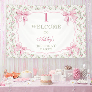 Elegante rosa Schleife Coquette Mädchen 1. Geburts Banner