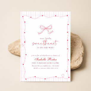 Elegante rosa Schleife Gingham Herz Baby Shower Einladung