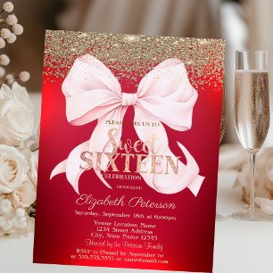 Elegante rosa Schleife Gold Diamant Rot Sweet 16 Einladung