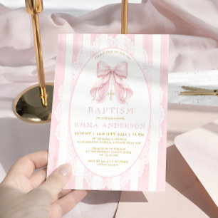 Elegante rosa Schleife & Kreuz Mädchen Taufe Einla Einladung