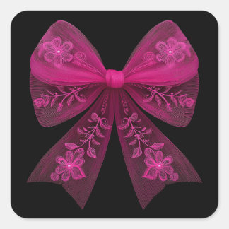 Elegante rosa Schleife mit floralem Spitzen-Design Quadratischer Aufkleber
