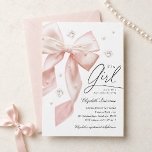 Elegante rosa Schleife Perlen Mädchen Baby Shower Einladung