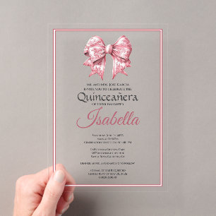 Elegante rosa Schleife Quinceanera 15. Geburtstag Acryleinladungen